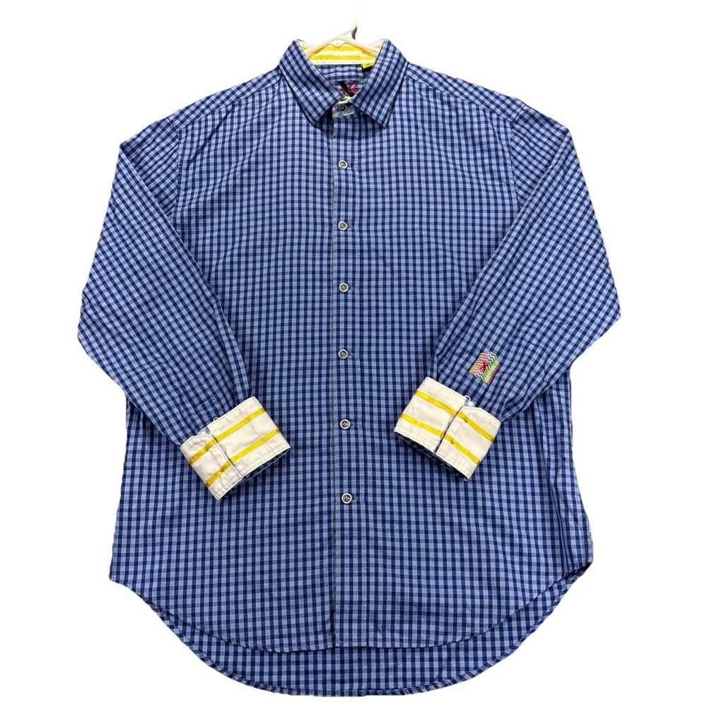 Robert Graham X Collection Shirt Mens L Flip Cuff Button Up Blue Gingham Check